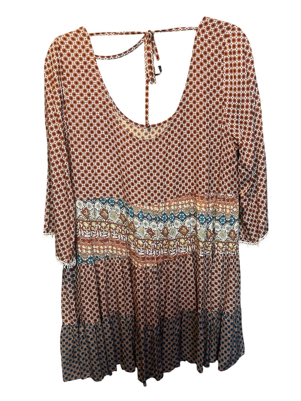 NWT Umgee Mixed Print Tiered Mini Dress in Brick Red, Navy & Teal (008) - Picture 4 of 4
